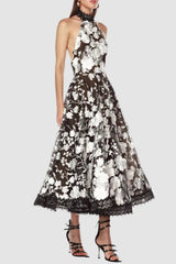 Black Halter Floral Embroidered Midi Dress