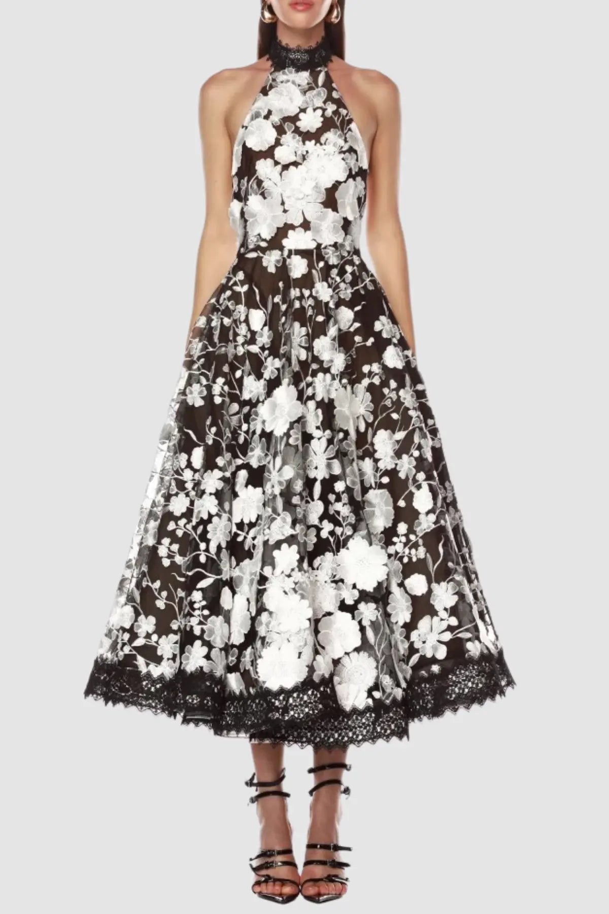 Black Halter Floral Embroidered Midi Dress