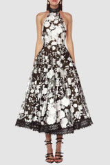 Black Halter Floral Embroidered Midi Dress