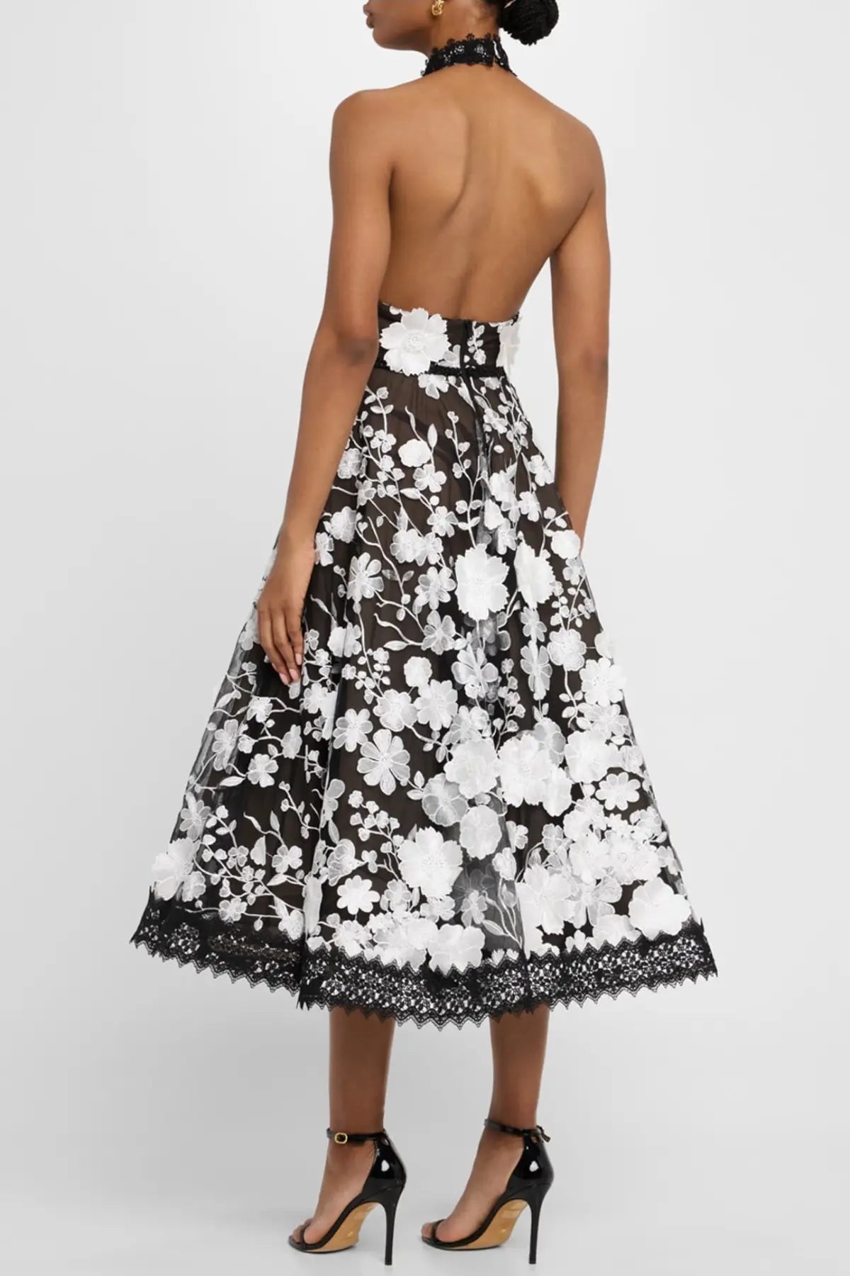 Black Halter Floral Embroidered Midi Dress