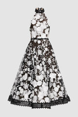 Black Halter Floral Embroidered Midi Dress
