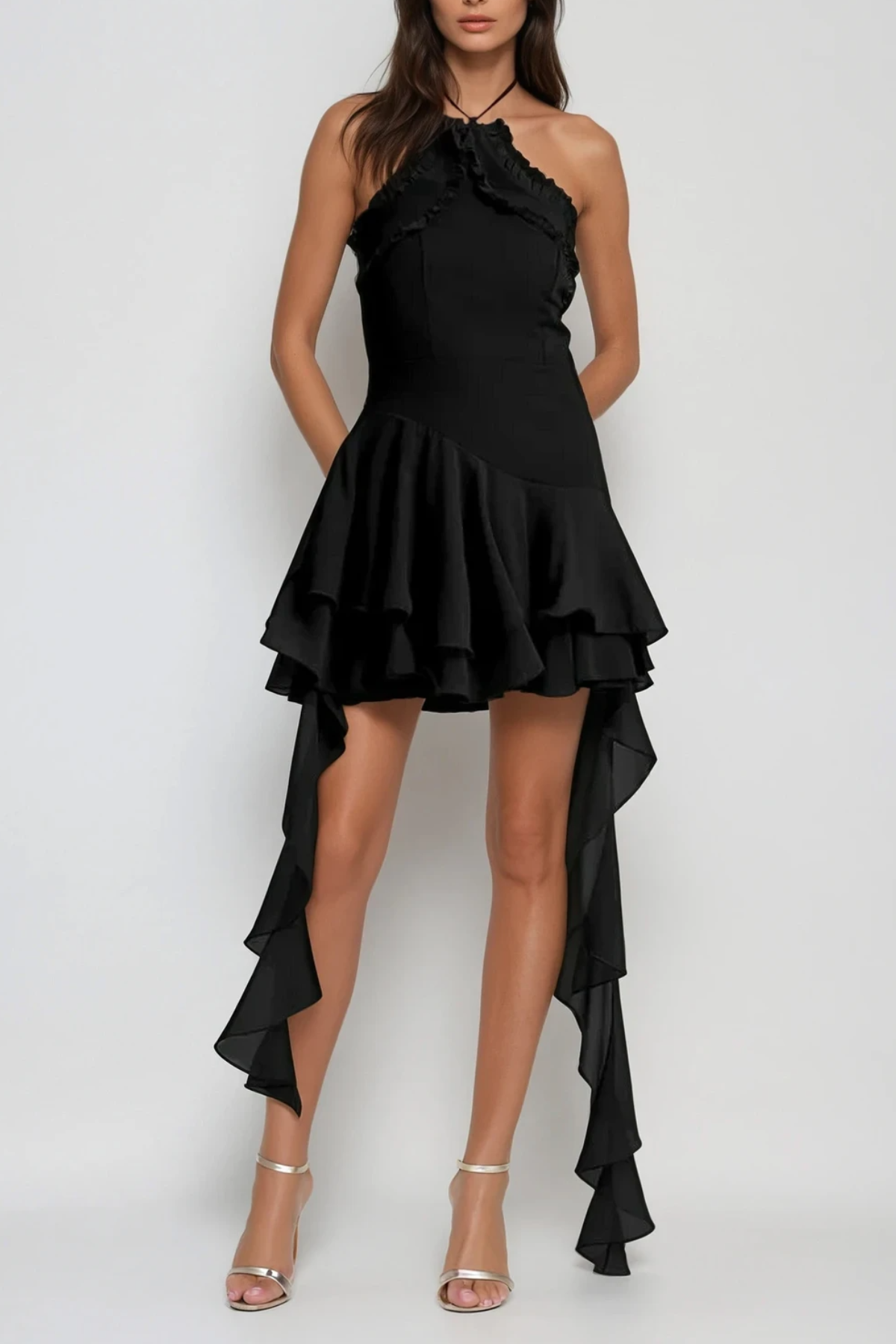Halter Neck Mesh Ruffle Fringe Mini Dress In Black