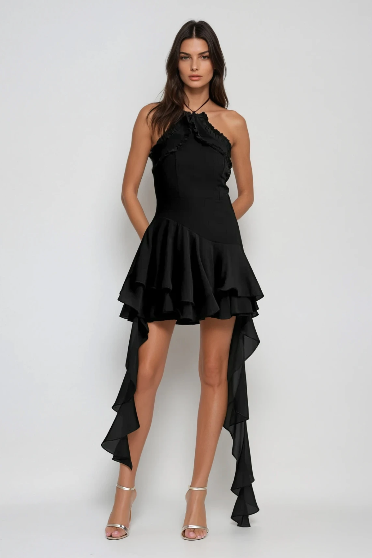 Halter Neck Mesh Ruffle Fringe Mini Dress In Black