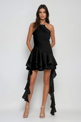 Halter Neck Mesh Ruffle Fringe Mini Dress In Black