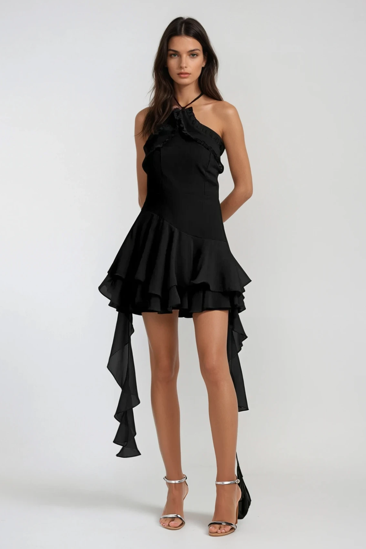 Halter Neck Mesh Ruffle Fringe Mini Dress In Black