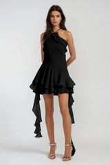 Halter Neck Mesh Ruffle Fringe Mini Dress In Black