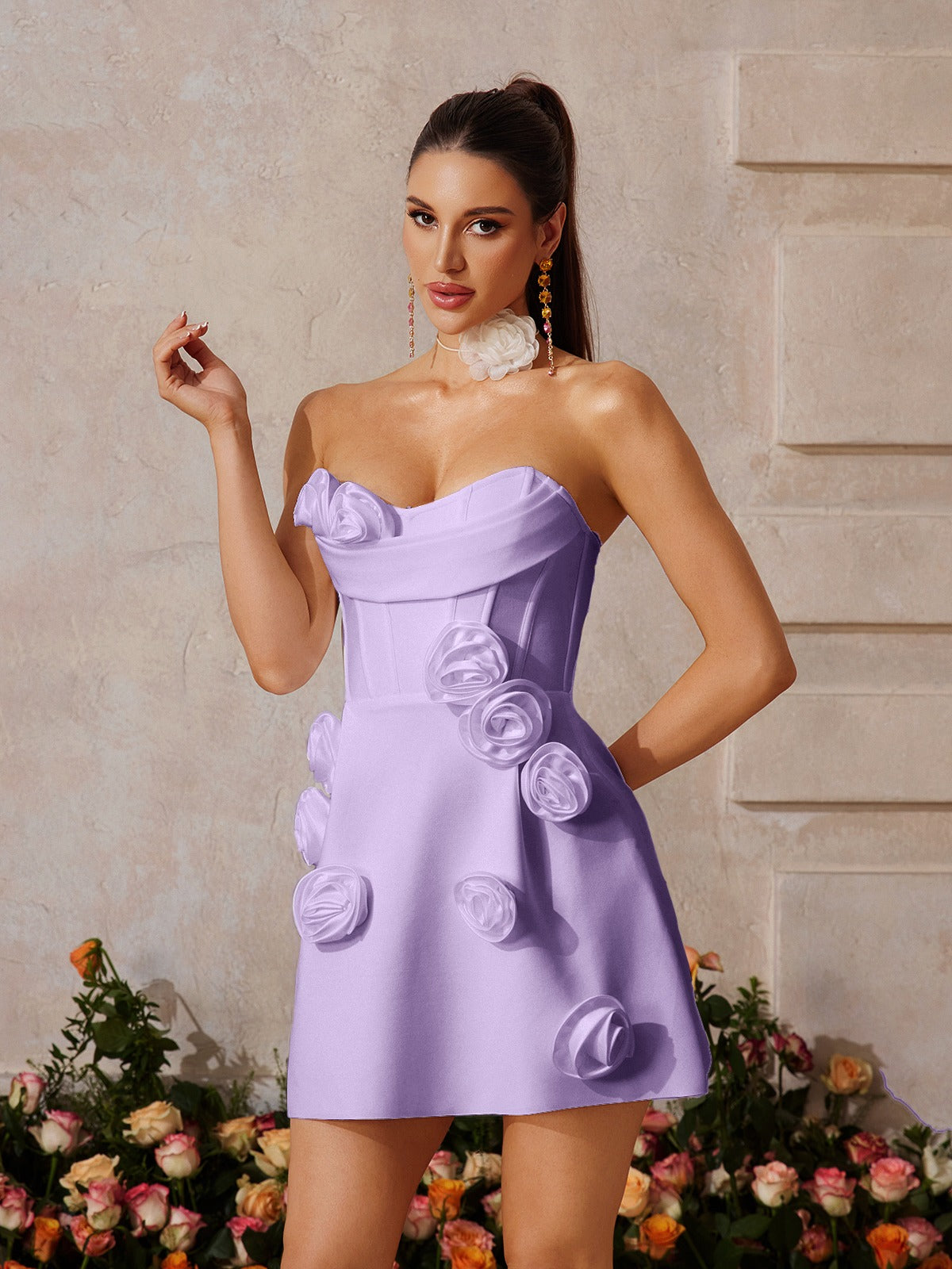 Flower Bandage Mini Dress In Purple