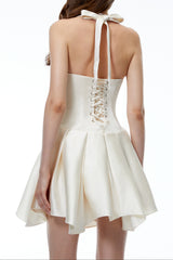 Halter Double Strap Satin Fit &amp; Flare Mini Dress