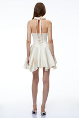 Halter Double Strap Satin Fit &amp; Flare Mini Dress