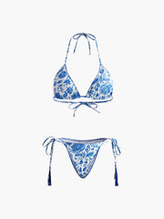 Printed Tasseled Adjustable Strap Bikini Set