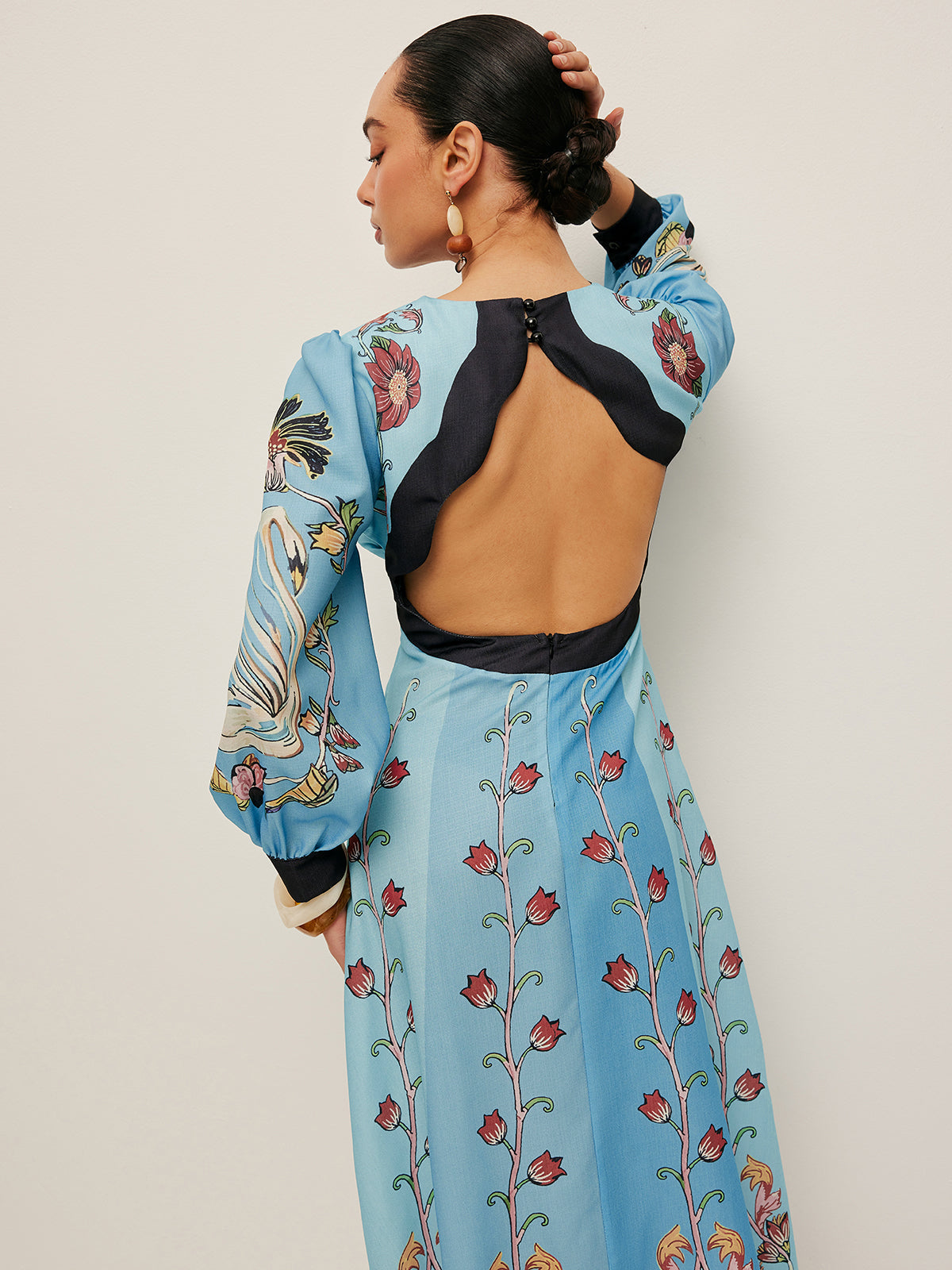 Backless and Puff Sleeve Floral Dress