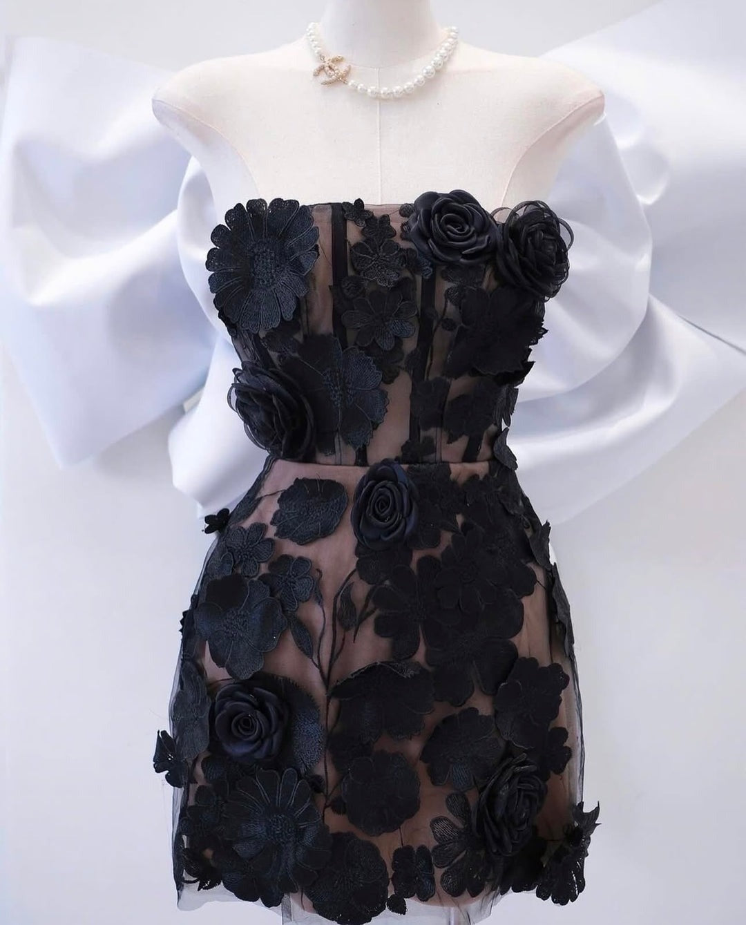 Floral Embroidery Mini Dress in Black
