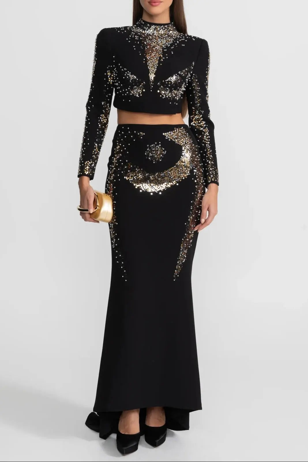 Embellished Co-Ord Set with Silver and Gold Sequin Detailing - Black