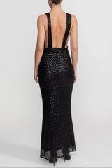 Sequin Maxi Dress With Satin Detail - Black