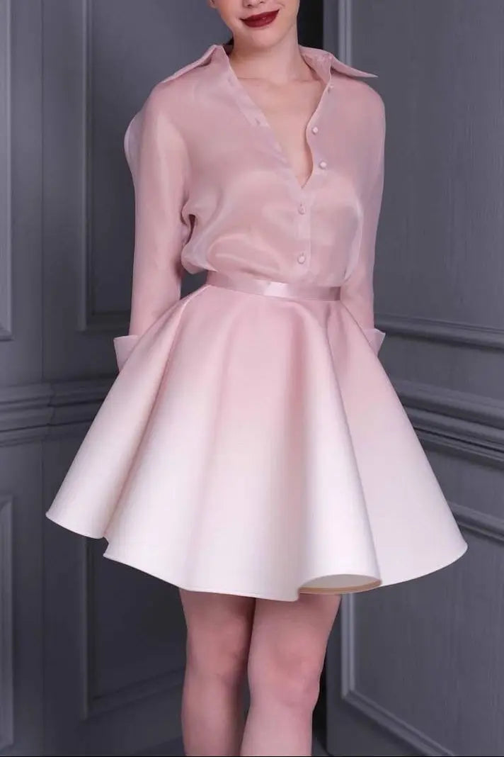 Pink Long Sleeve Silk Shirt Mini Skirt Set