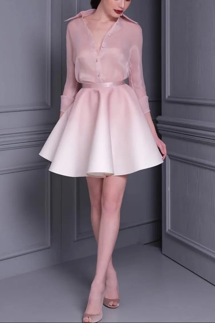 Pink Long Sleeve Silk Shirt Mini Skirt Set