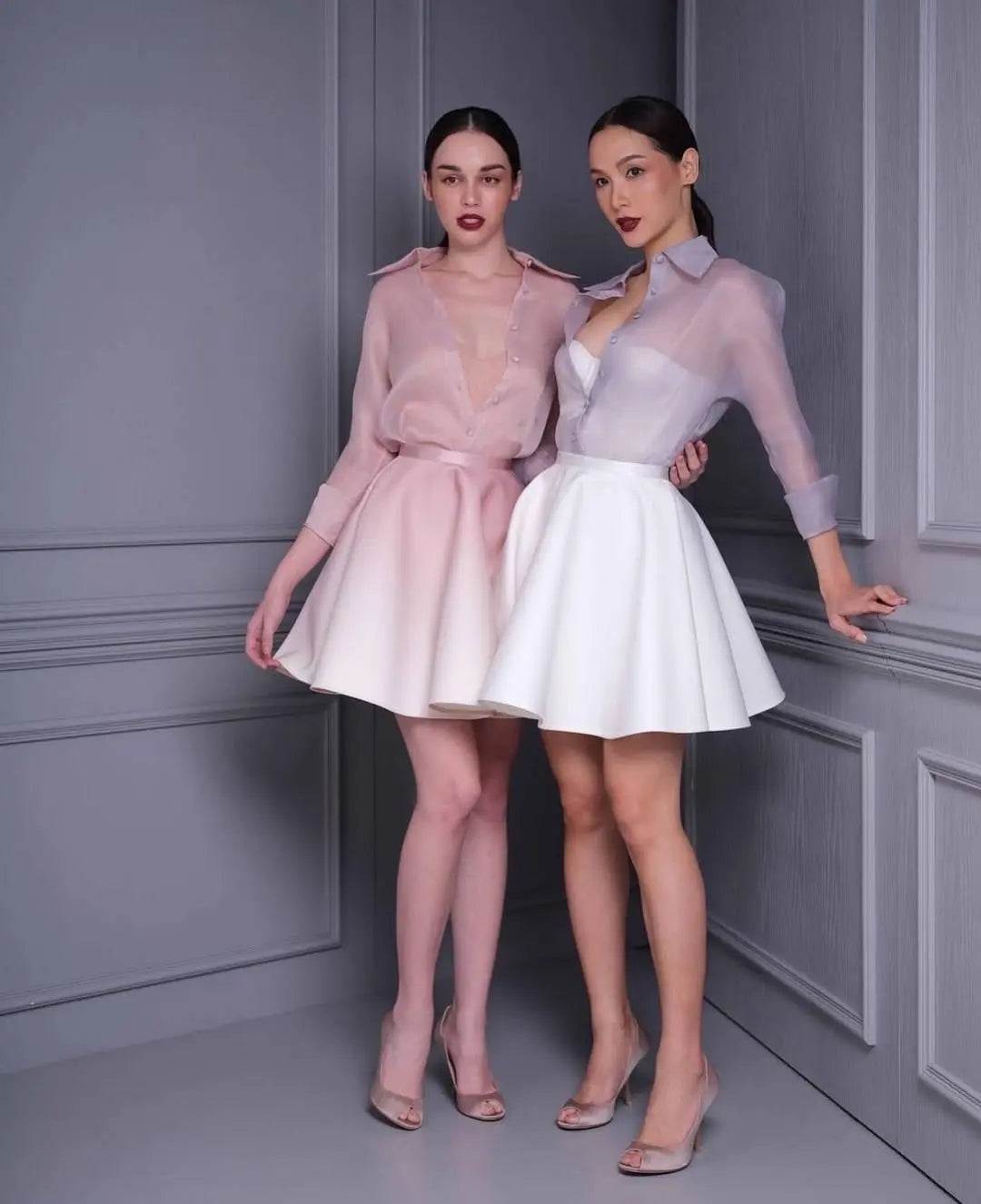 Pink Long Sleeve Silk Shirt Mini Skirt Set