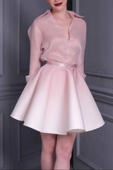 Pink Long Sleeve Silk Shirt Mini Skirt Set