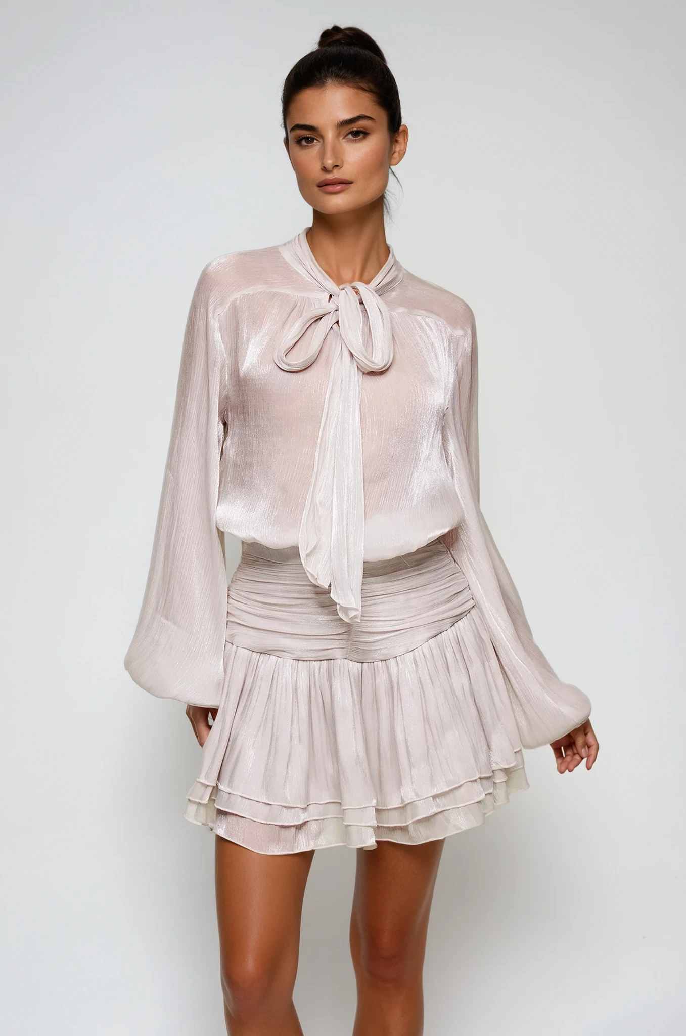 Lace Up Ruch Mesh Skirt Set In Sliver