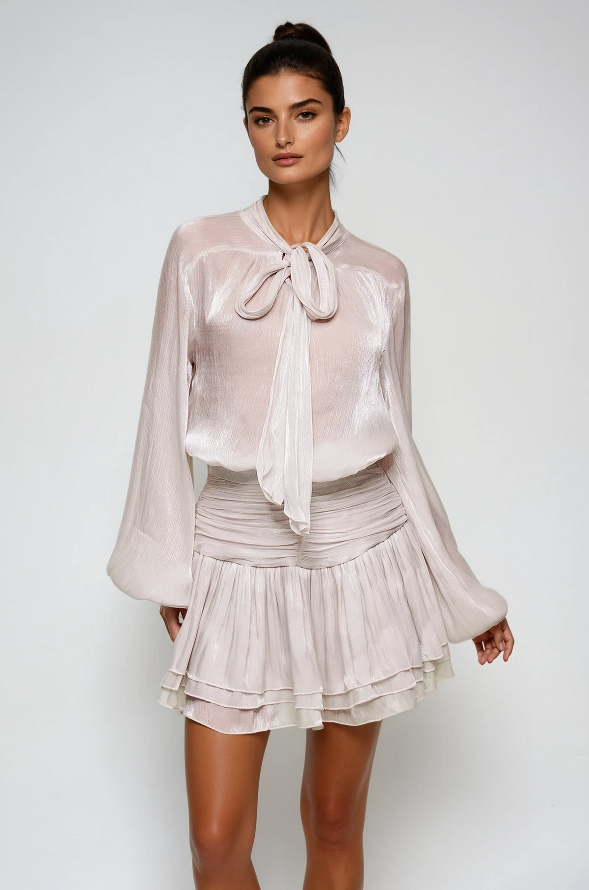 Lace Up Ruch Mesh Skirt Set In Sliver