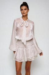 Lace Up Ruch Mesh Skirt Set In Sliver