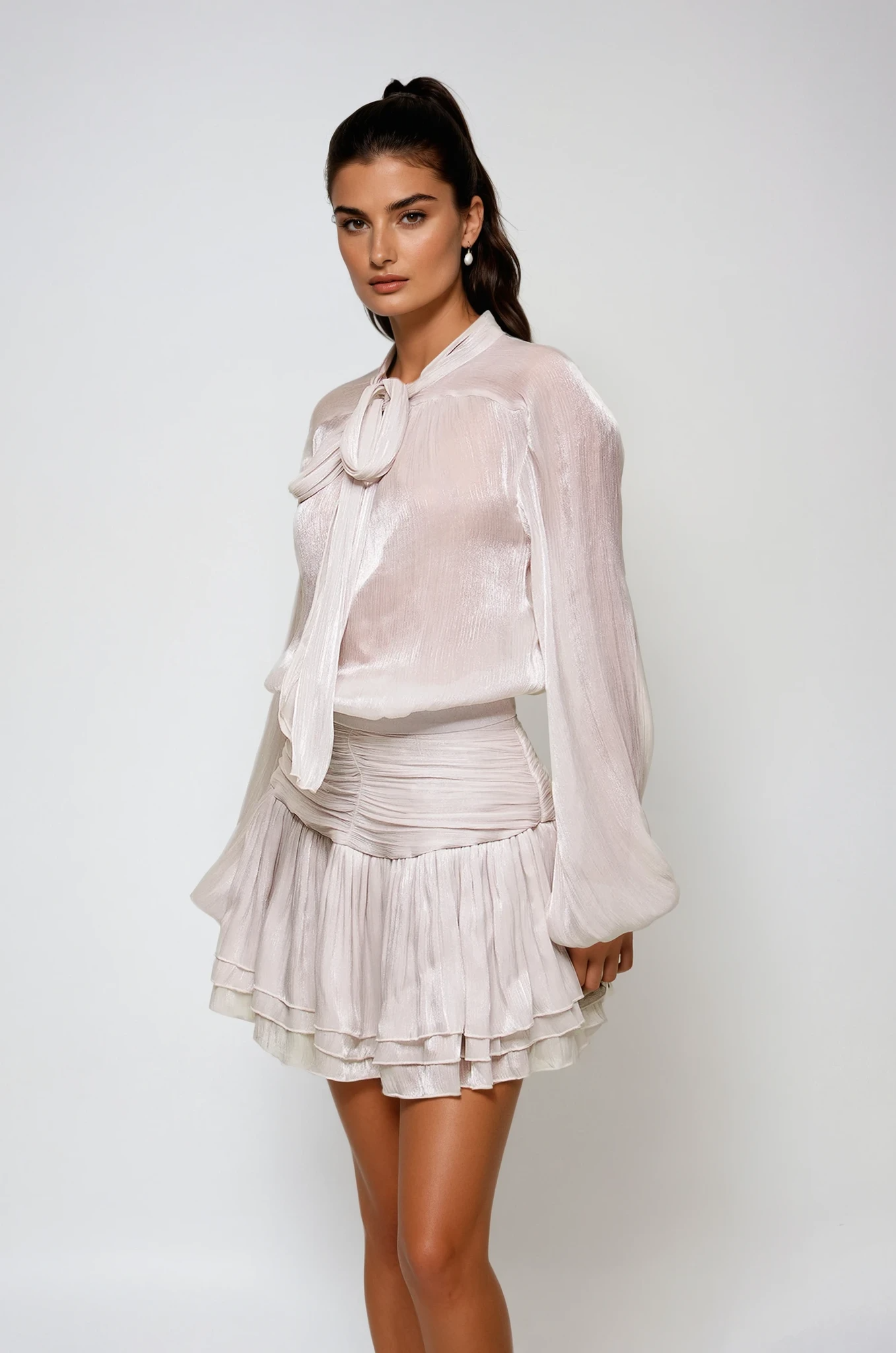 Lace Up Ruch Mesh Skirt Set In Sliver