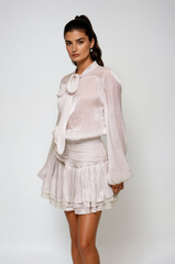 Lace Up Ruch Mesh Skirt Set In Sliver