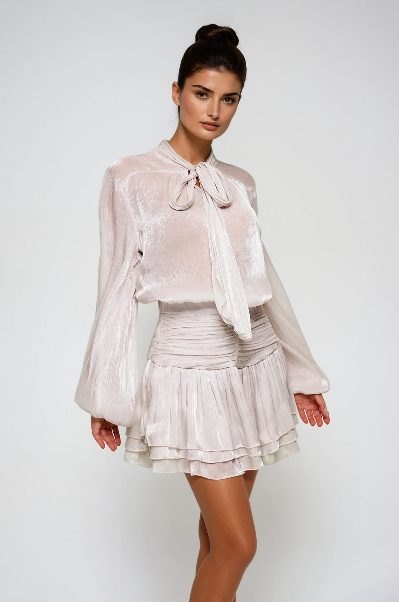 Lace Up Ruch Mesh Skirt Set In Sliver