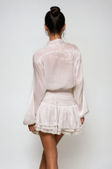 Lace Up Ruch Mesh Skirt Set In Sliver
