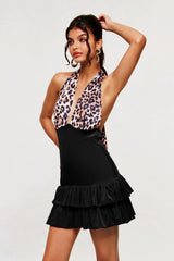 Plunge Ruffle Mini Dress In Black