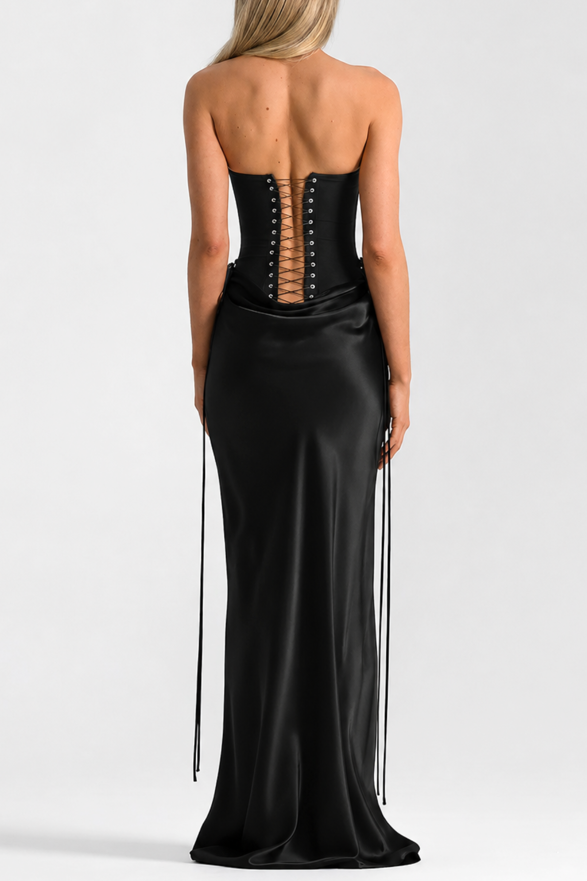 Corset Satin Maxi Dress - Black