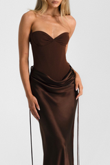 Corset Satin Maxi Dress - Brown