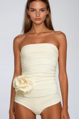 Ruched Flower One Piece Swimsuit In Cream