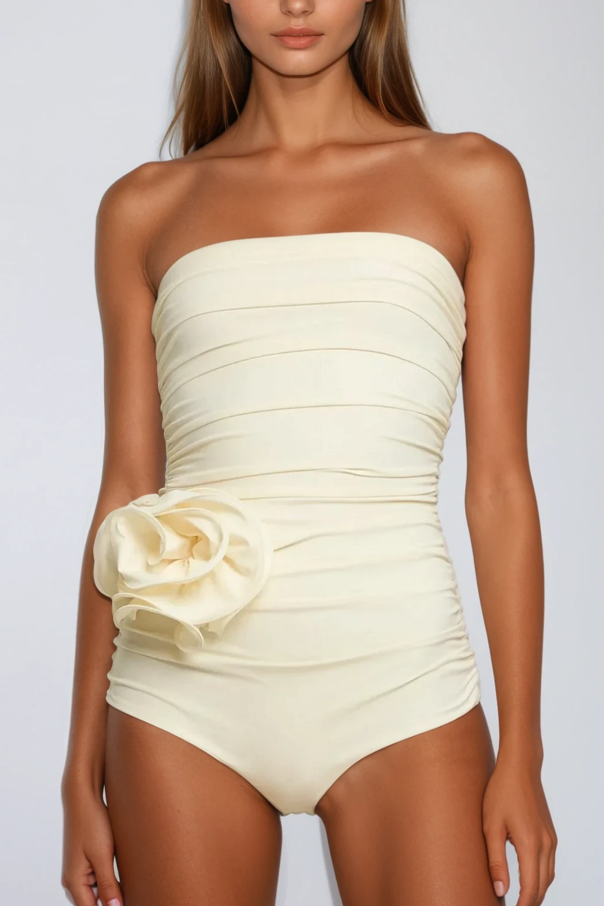 Ruched Flower One Piece Swimsuit In Cream