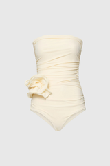 Ruched Flower One Piece Swimsuit In Cream