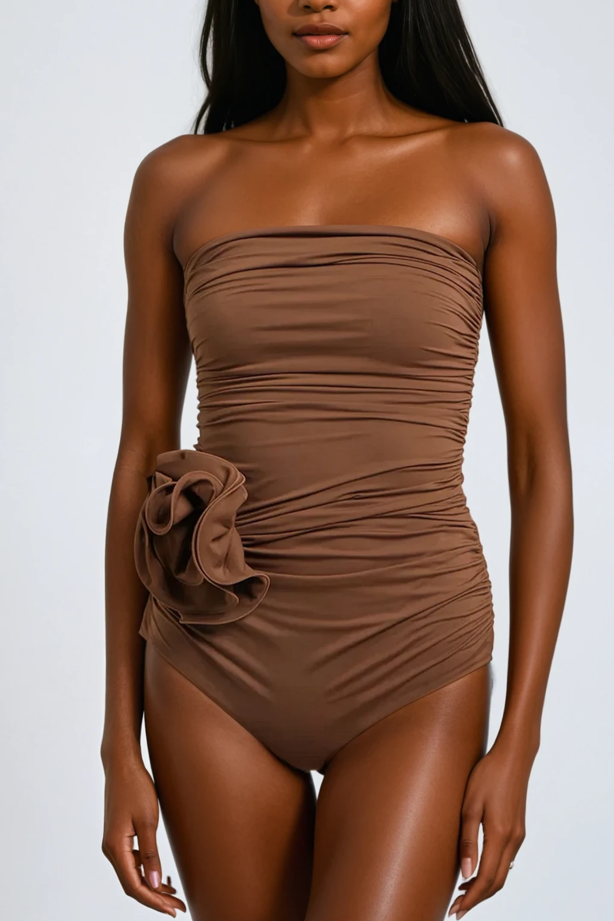 Ruched Flower One Piece Swimsuit In Mocha Mousse