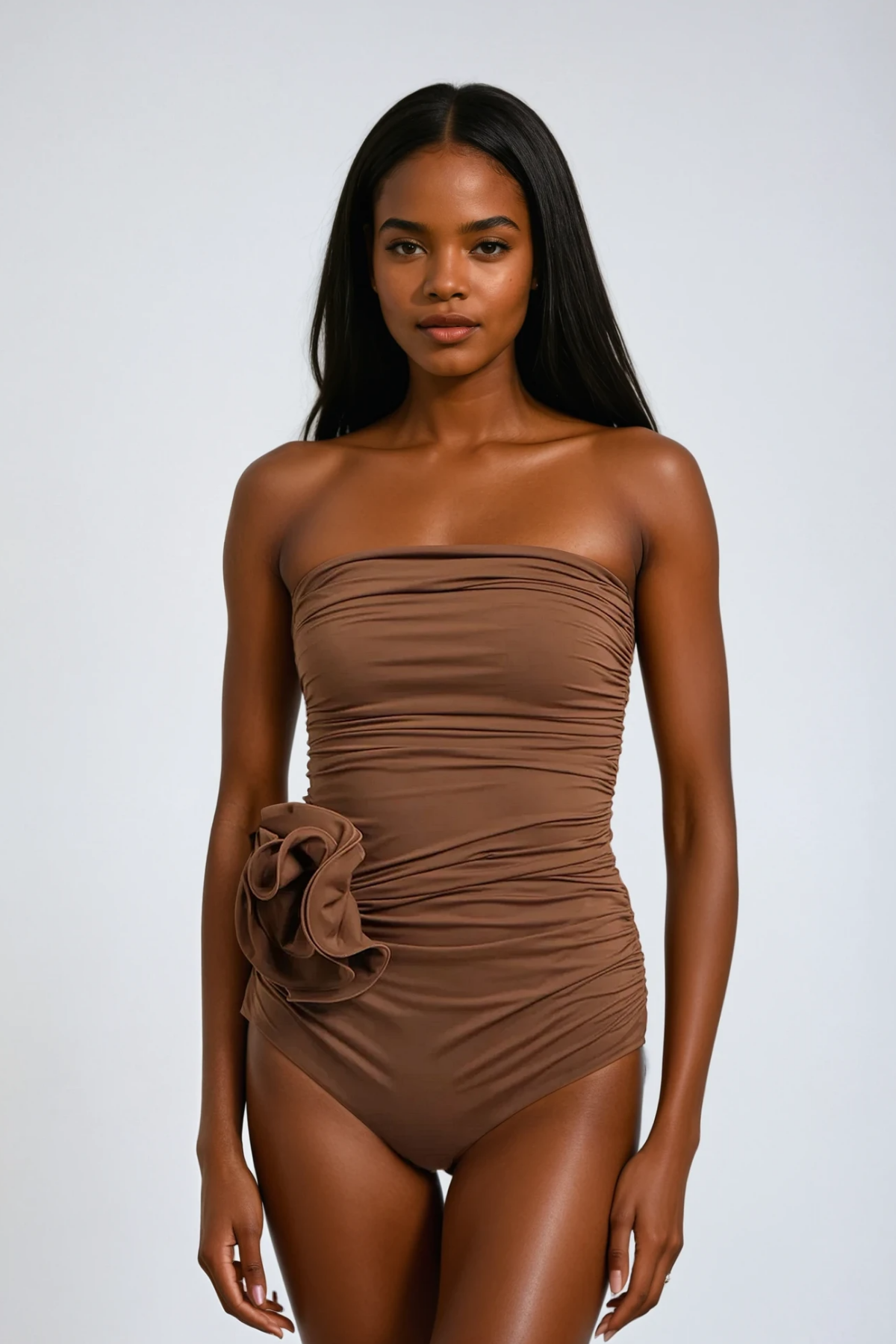 Ruched Flower One Piece Swimsuit In Mocha Mousse