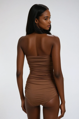 Ruched Flower One Piece Swimsuit In Mocha Mousse