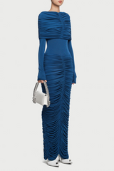 Navy Form-Fitting Maxi Dress with Asymmetrical Shoulder