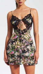 Floral Print Satin Mini Dress With Lace Trim