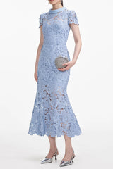 Blue Flower Lace Contrast Collar Midi Dress