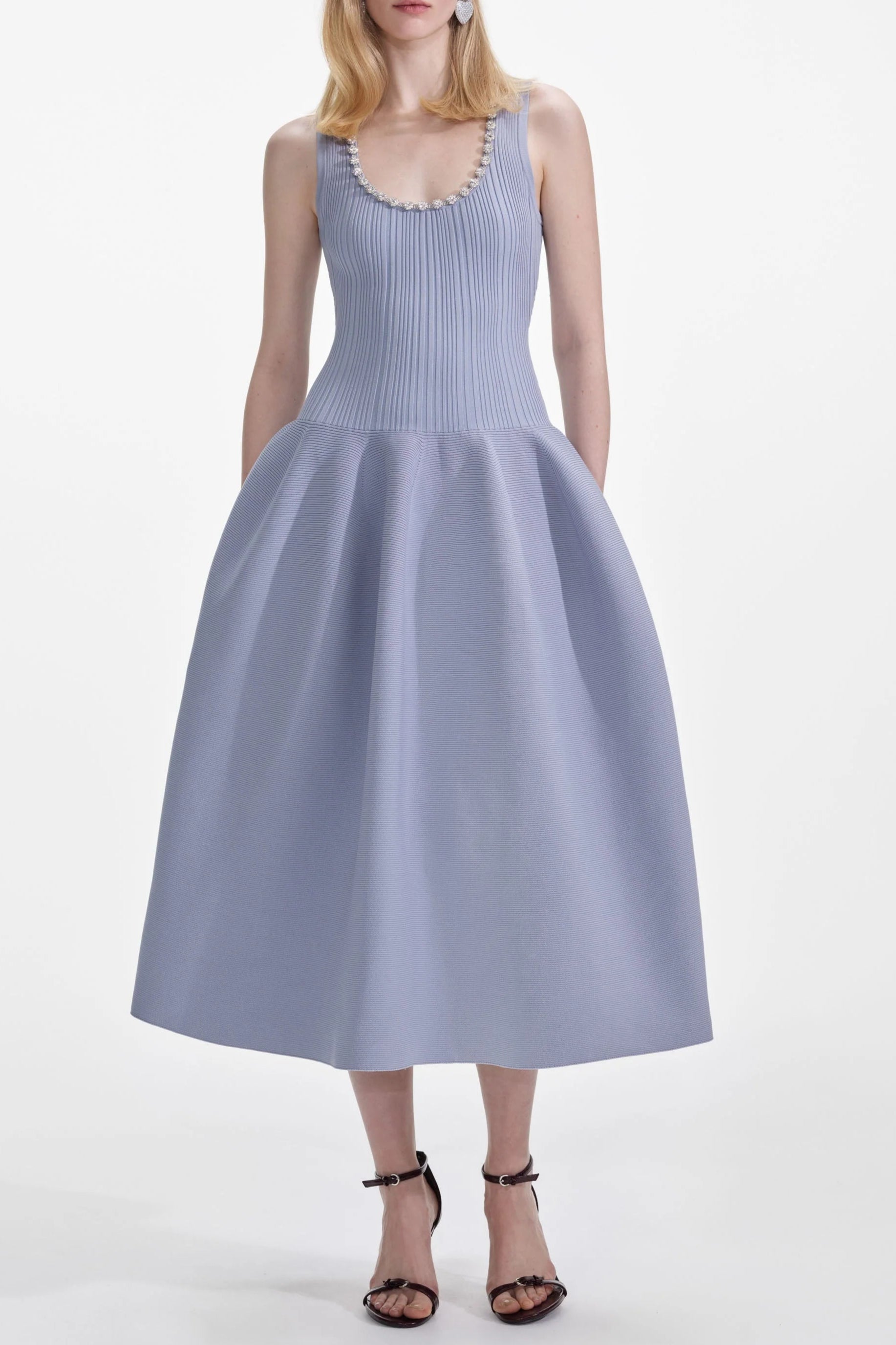 Blue Ribbed Knit Diamante Midi Dress