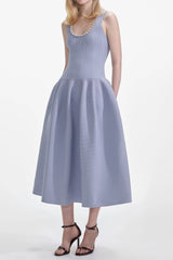 Blue Ribbed Knit Diamante Midi Dress