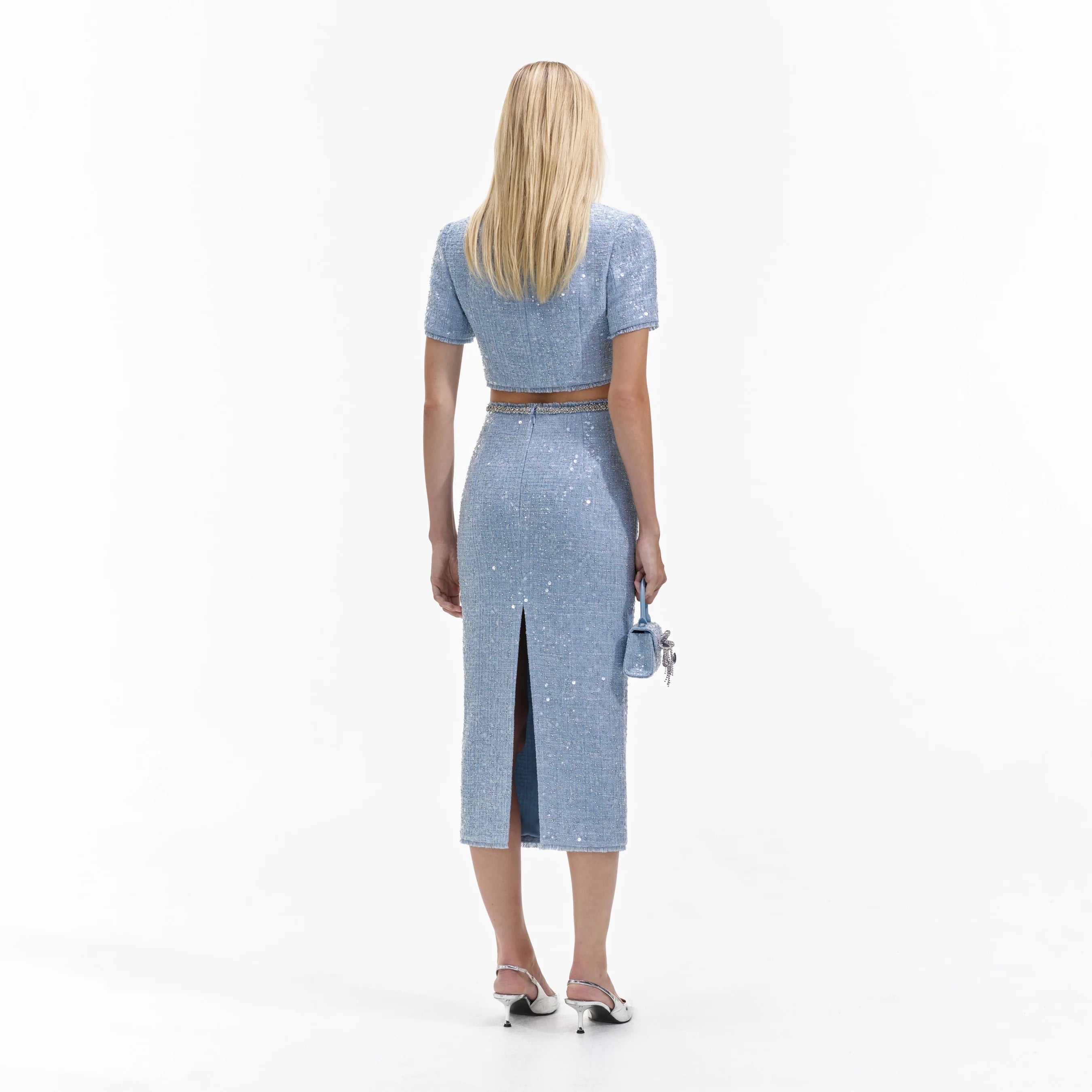 Blue Sequin Boucle Crop Top