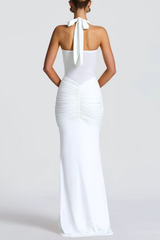 Halter Ruched Maxi Dress - White