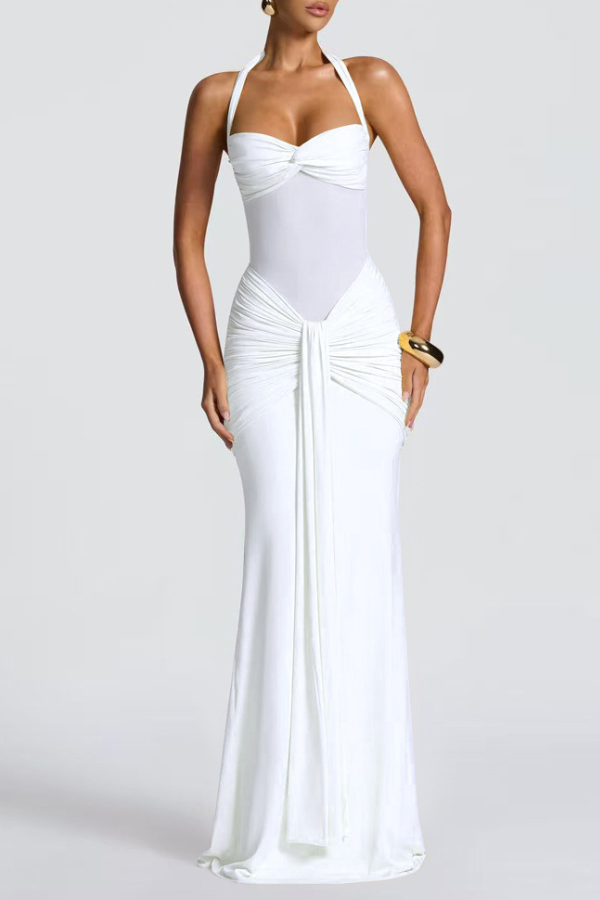 Halter Ruched Maxi Dress - White