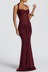 Halter Ruched Maxi Dress - Wine