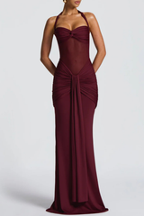 Halter Ruched Maxi Dress - Wine
