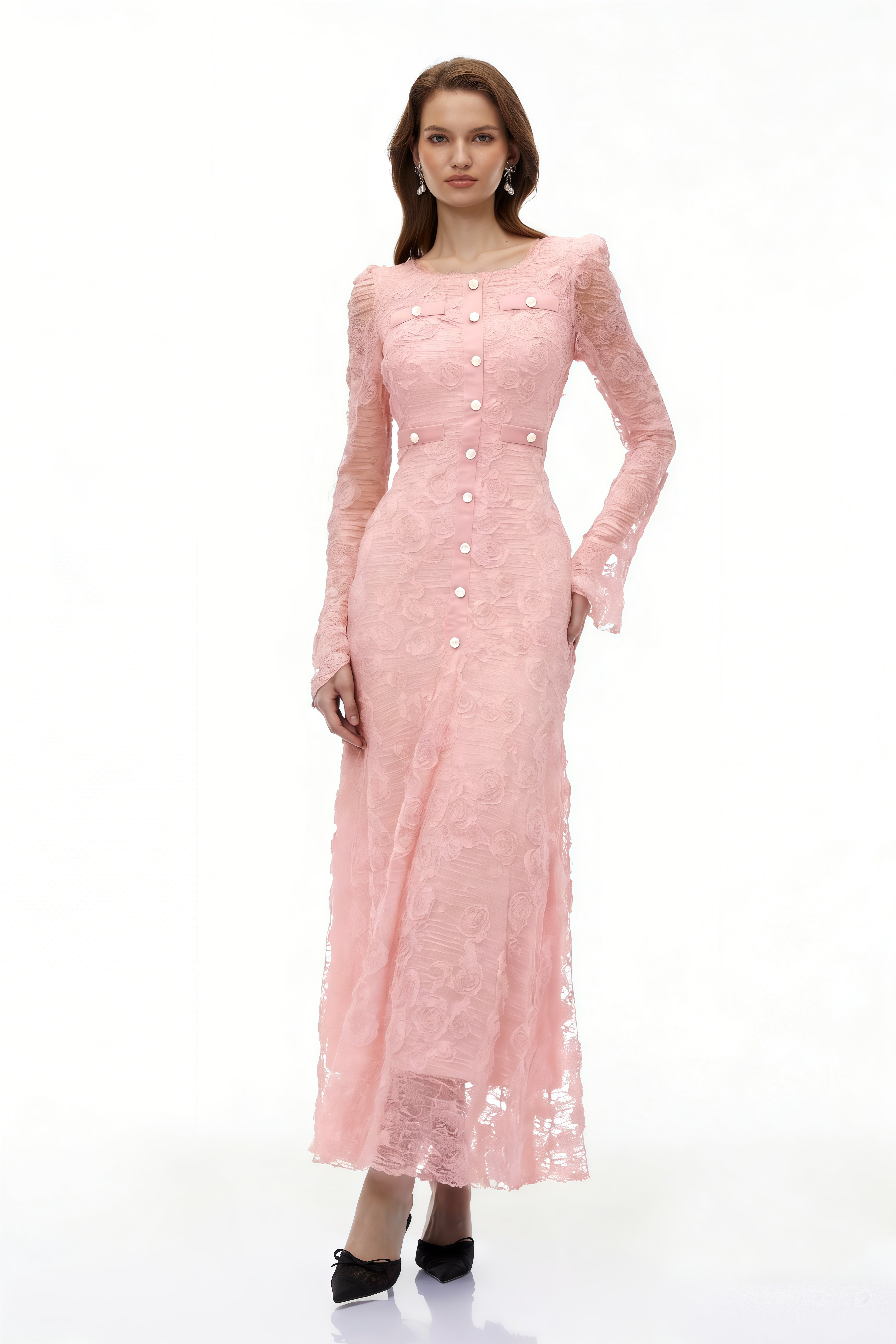 Pink 3D-Floral Embroidered Lace Maxi Dress