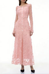 Pink 3D-Floral Embroidered Lace Maxi Dress